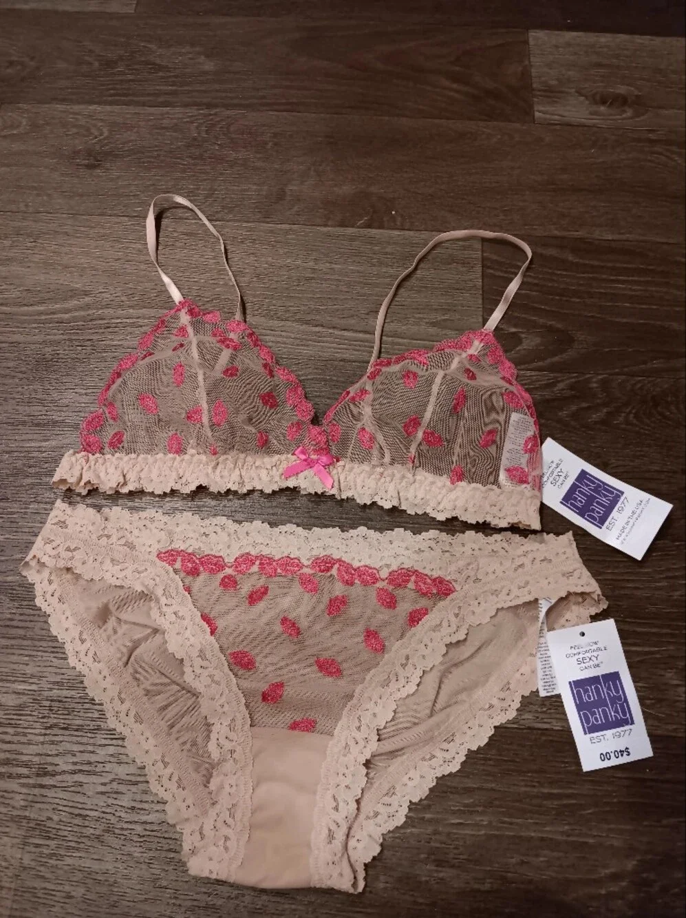 Hanky Panky Blush Beige Sheer Bralette & Bikini with Pink Embroidery Cute Vintag